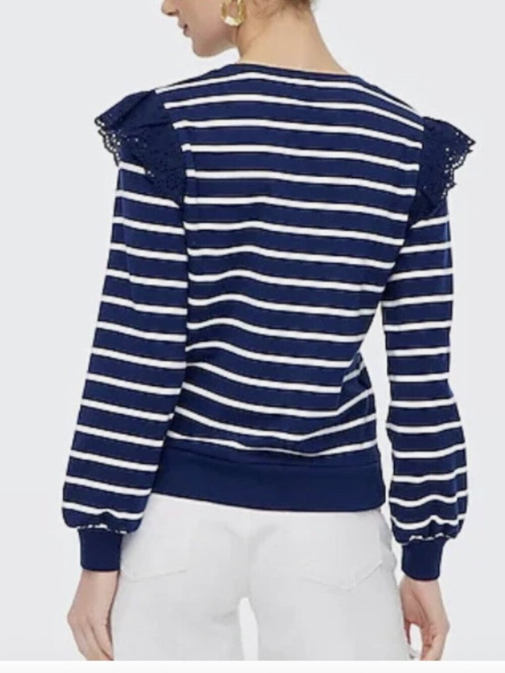 J.Crew Factory Women's White Navy Stripe Ruffle Lace Sleeve Sweatshirt Size XL - Picture 2 of 12